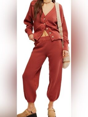 Free People Hailee Cardi Pant Set Dusty Beach Pink Cotton Knit M